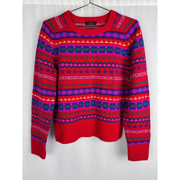 J. Crew Sweater Holly Red Fair Isle Wool Pullover Holiday Christmas Warm Cozy - Picture 1 of 5